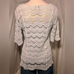 Cabi Crochet Lace Top Baby Blue Scalloped Hem Boho Feminine XS